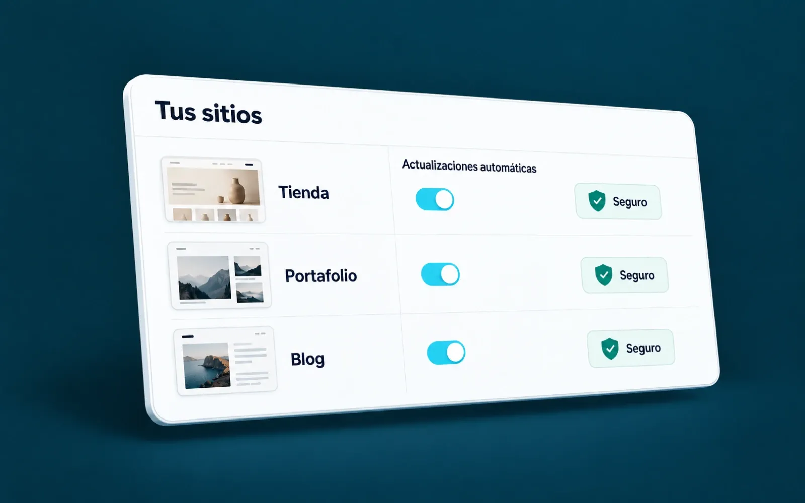 Panel de WP Toolkit con sitios WordPress y sus actualizaciones automáticas.