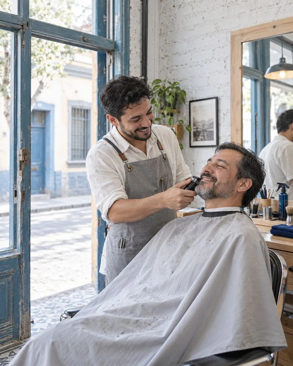 Un barbero sonriente recorta la barba de un cliente relajado en una barbería de barrio, con la puerta abierta a una calle de casas antiguas.