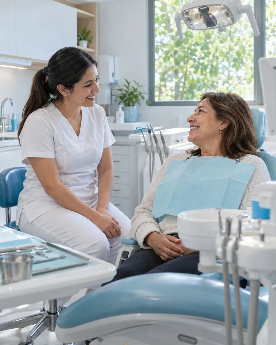Una dentista conversa con una paciente relajada y sonriente sentada en el sillón de una clínica blanca, con árboles tras la ventana.