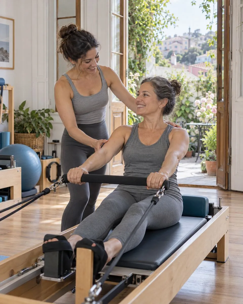 Una instructora de pilates guía con una sonrisa a una alumna en un reformer, en una casa adaptada de los cerros de Valparaíso con la puerta abierta a un jardín.